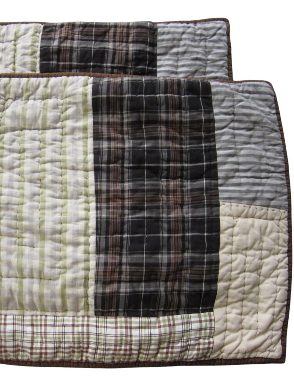 Pottery Barn Teen 2 Quilted Patchwork Plaid Stripe Shams Standard Sz Brown Blue
